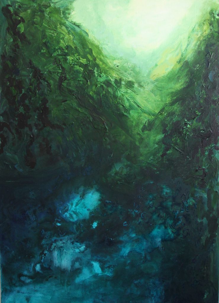 Painting of an impression of a rainforest with blue and green