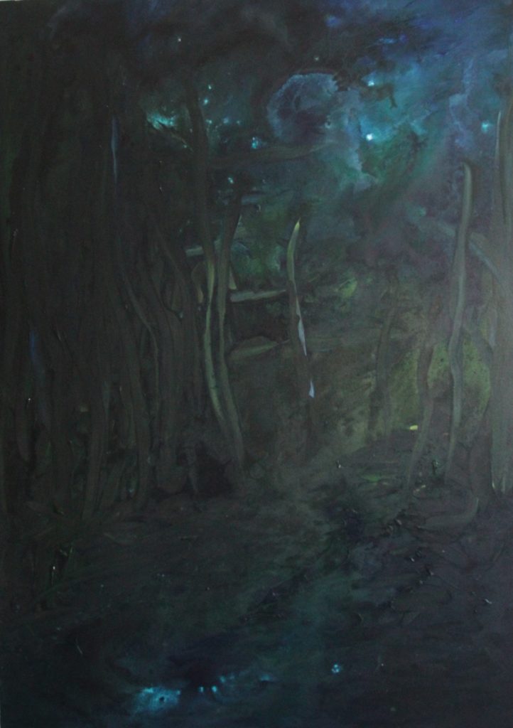 Painting of impression of a forest at night by Eline Boerma