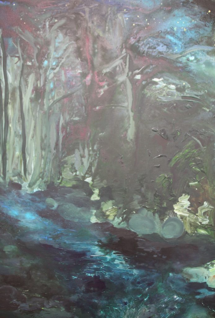 Painting of impression of a forest at night by Eline Boerma