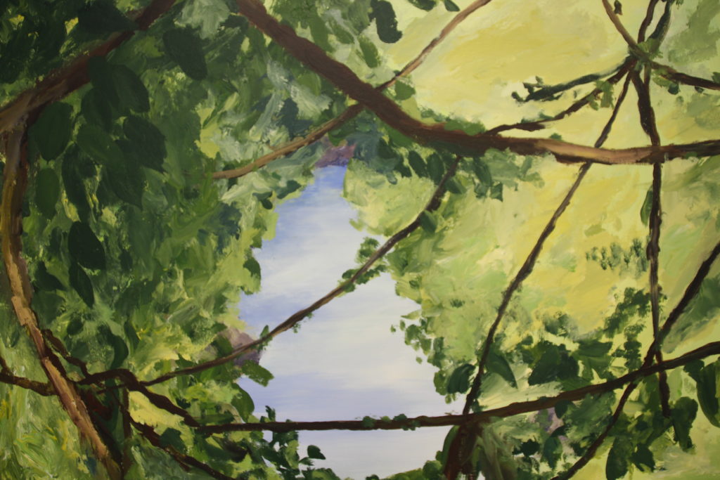 Painting of impression of a landscape with river and branches by Eline Boerma