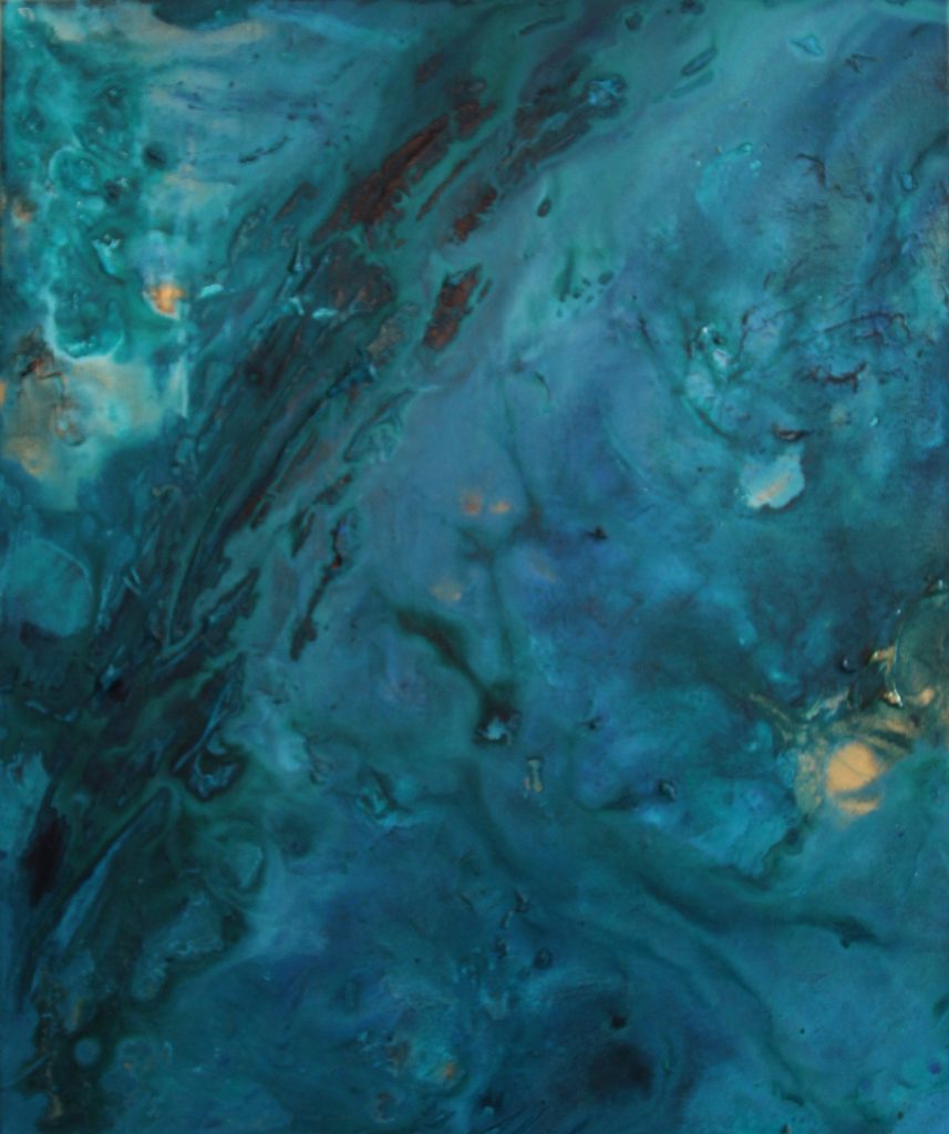 An abstract painting of ice like material made with various colours of blue and spots of gold