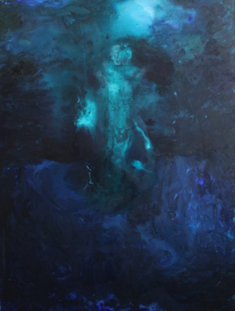 An expressive abstract painting with purple/ blueish colours by Eline Boerma